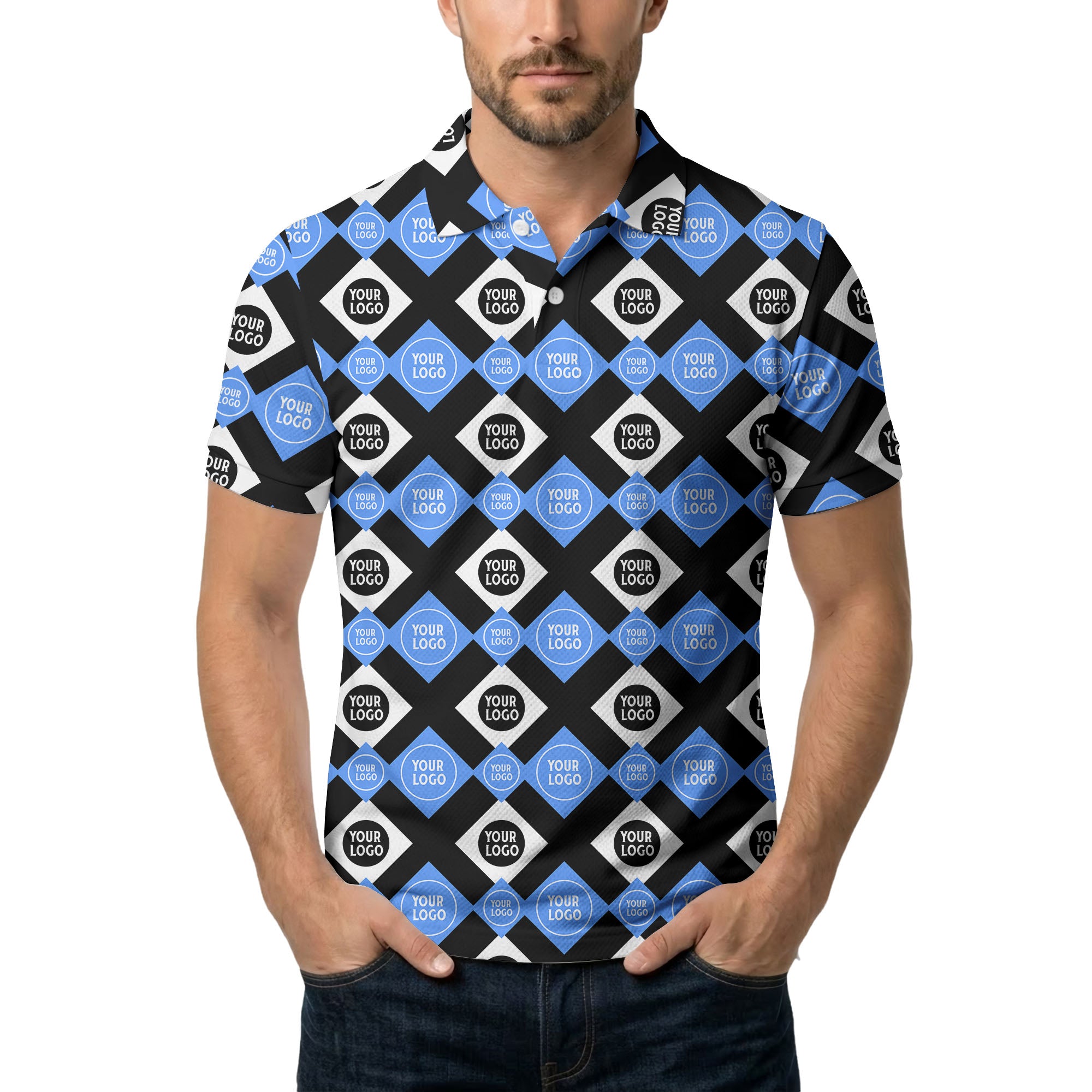 custom color geometric diamond grid polo shirt | all-over corporate logo print