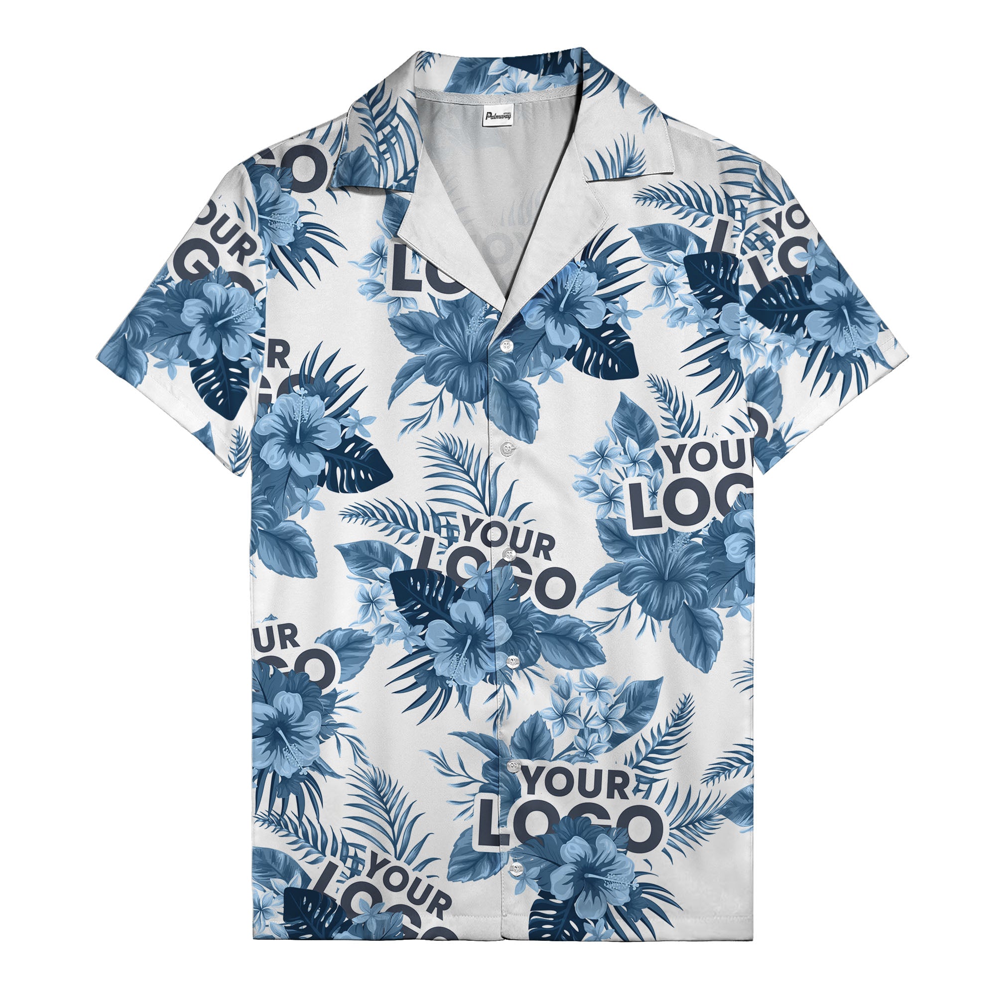 Clean White Corporate Hawaiian Shirt with Monstera Leaf Logo Design