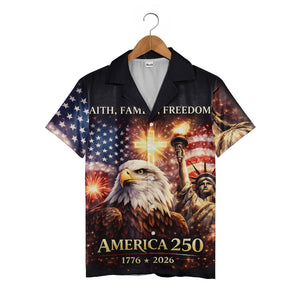 America 250 Bald Eagle Hawaiian Shirt - Statue of Liberty & Fireworks Realistic Print