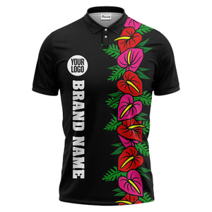 anthurium & emerald leaf stripe coral red polo shirt for men