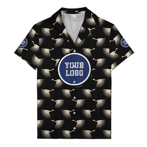 art deco crane silhouette logo beige navy hawaiian shirt