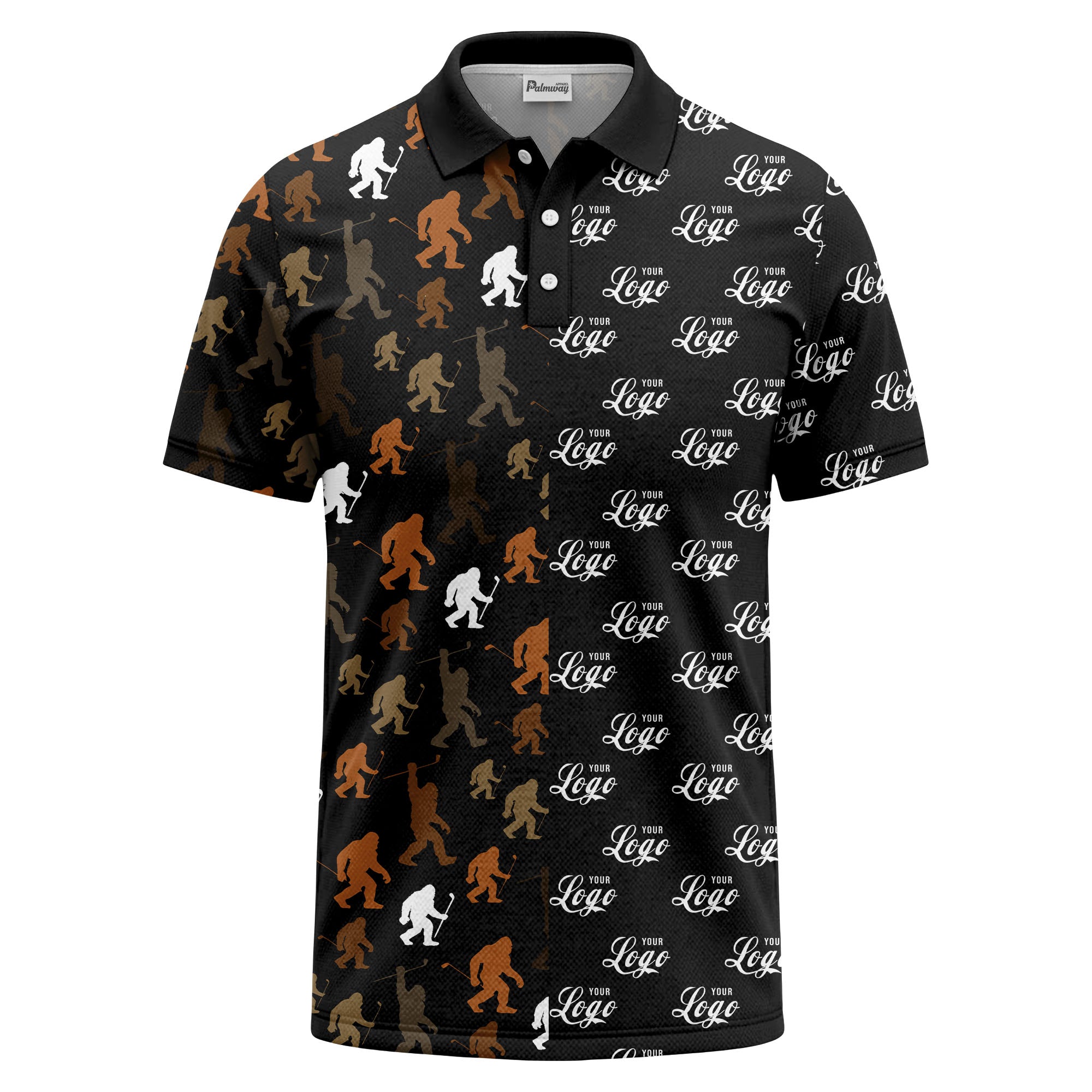 bigfoot golfers silhouette club pattern black polo shirt for men