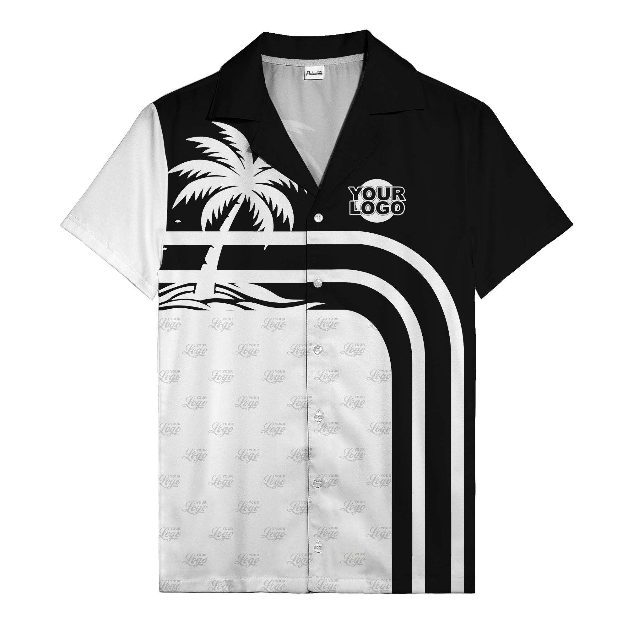 black and white palm trees curved stripes hawaiian shirt