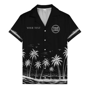 black and white palm trees & seagulls coastal scene hawaiian shirt