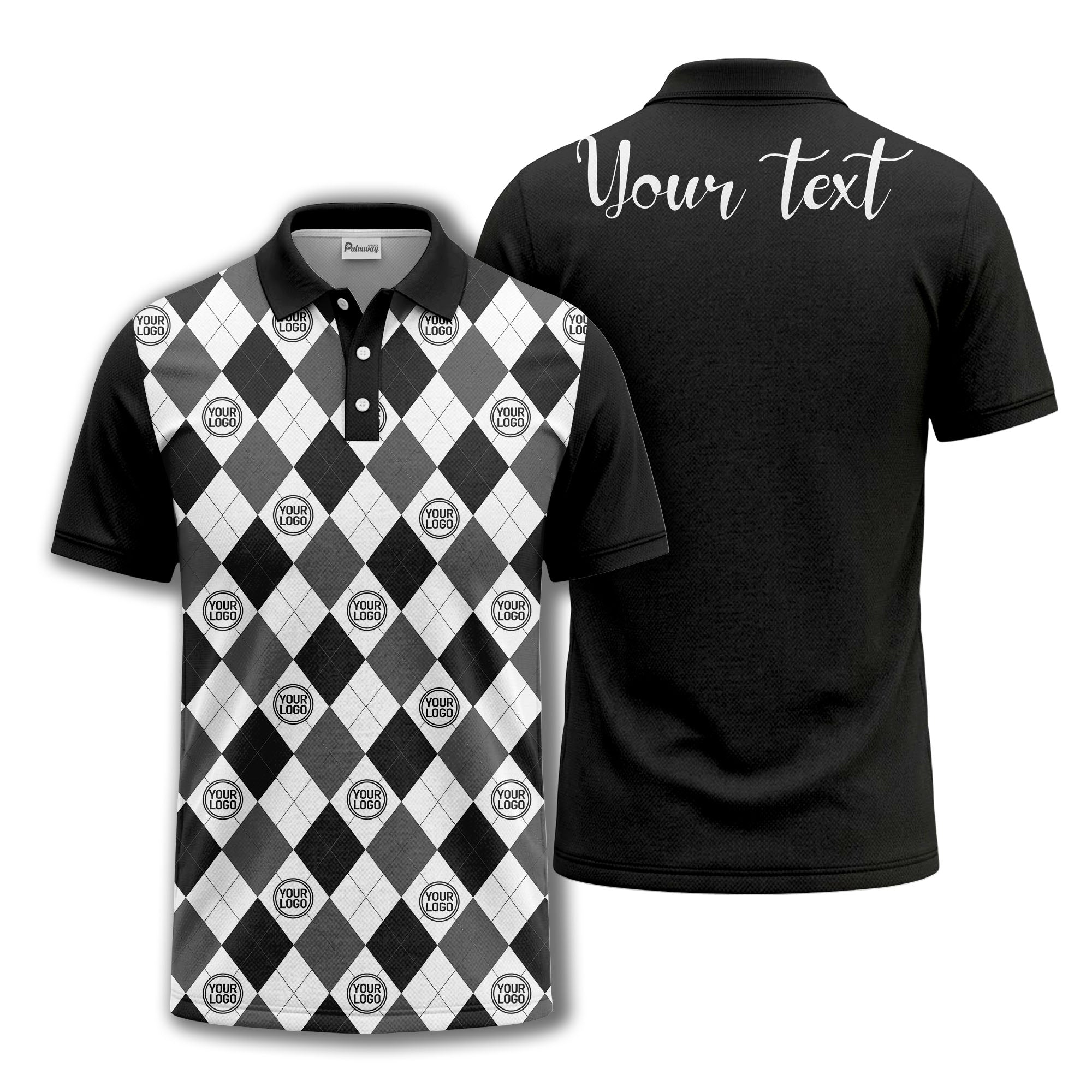 black white argyle diamond repeat pattern polo shirt with custom logo