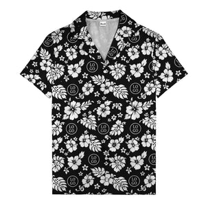 black & white hibiscus blooms & monstera leaves hawaiian shirt for men