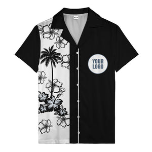black white palm tree hibiscus panel graphic hawaiian shirt for men