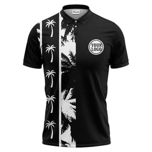 black white palm tree silhouette vertical stripe polo shirt for men