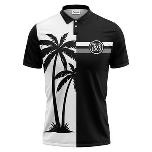 black white palm trees & stripes modern hawaiian polo shirt
