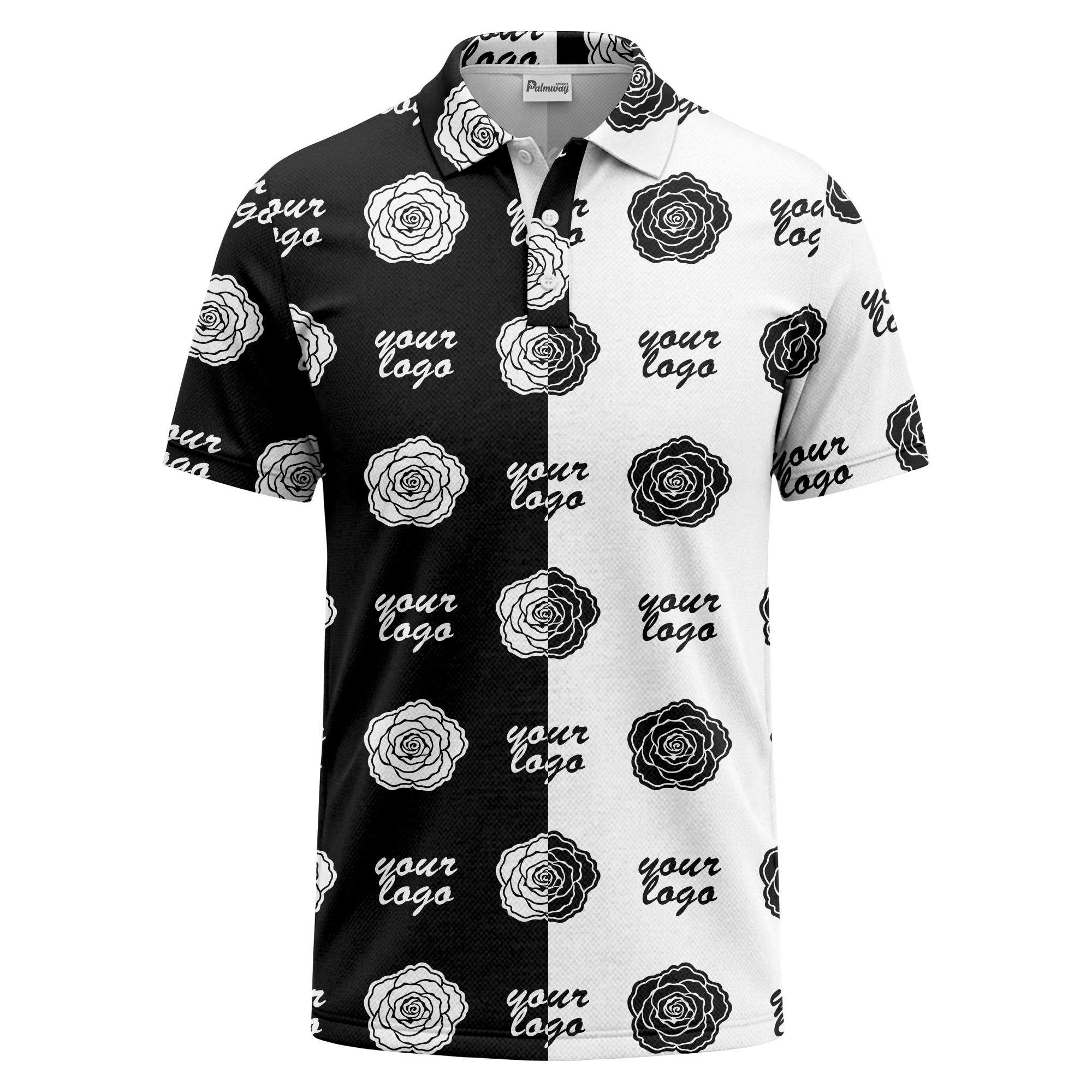 black white rose repeat custom logo monochrome polo shirt