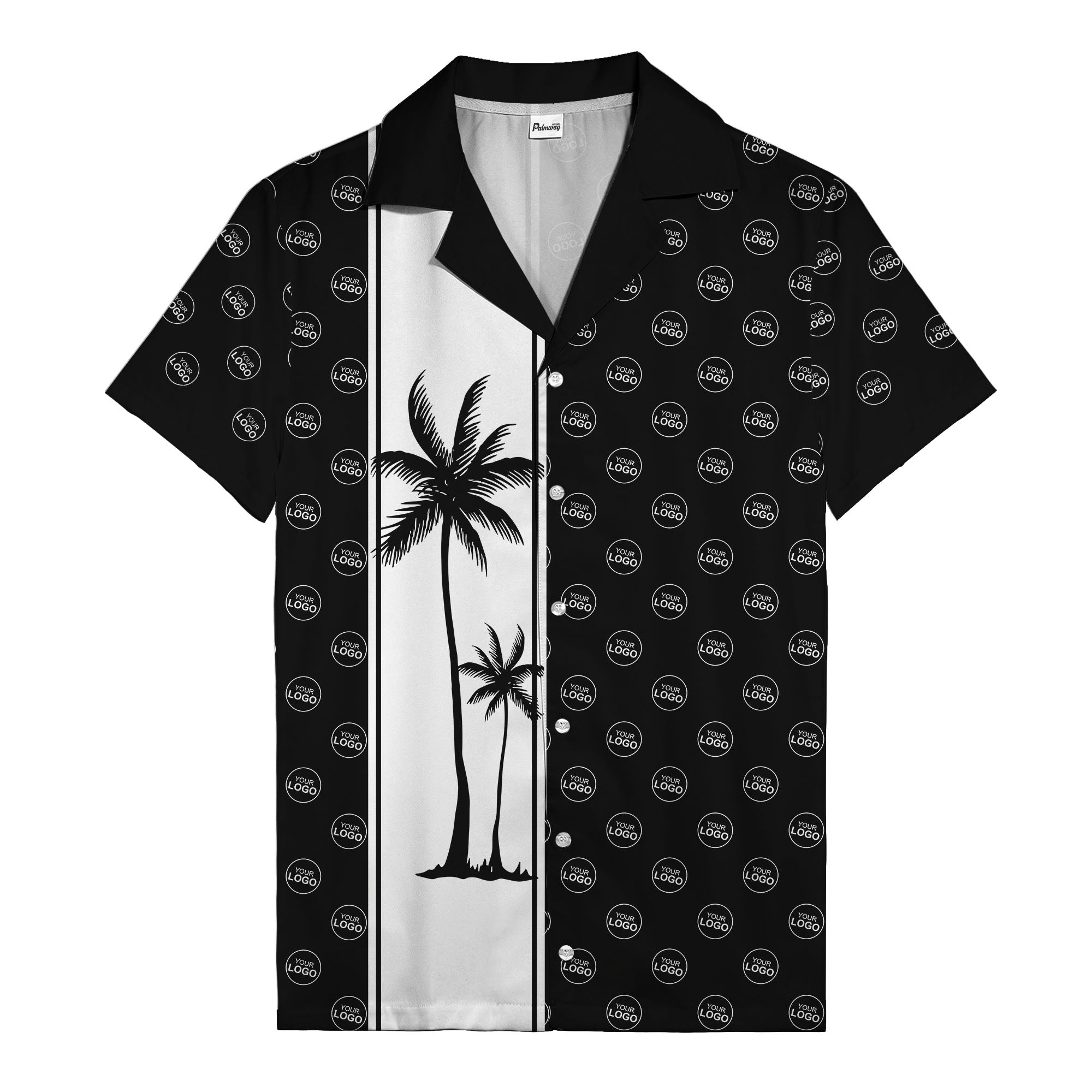 black white vertical palm trees & custom logo repeat hawaiian shirt