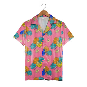 Bold Graphic Pineapple Hawaiian Shirt with Plumeria on Hot Pink
