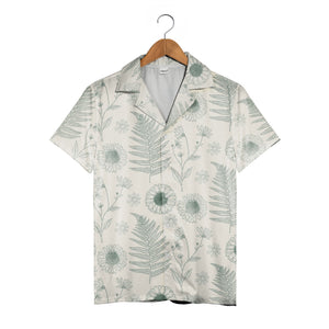 Botanical Line Art Fern and Wildflower Hawaiian Shirt in Sage Green