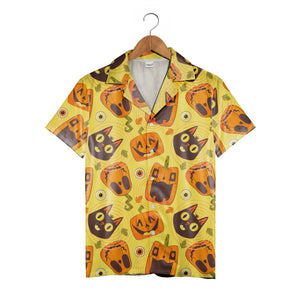 Cartoon Halloween Hawaiian Shirt with Jack-o-Lanterns and Black Cats