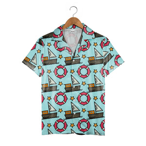 Cartoon Sailboat & Lifebuoy Hawaiian Shirt – Nautical Ocean Wave Pattern