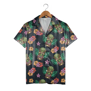 Colorful Tiki Mask Hawaiian Shirt with Hibiscus on Charcoal Grey