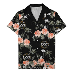 coral pink hibiscus & palm trees on black hawaiian shirt for men