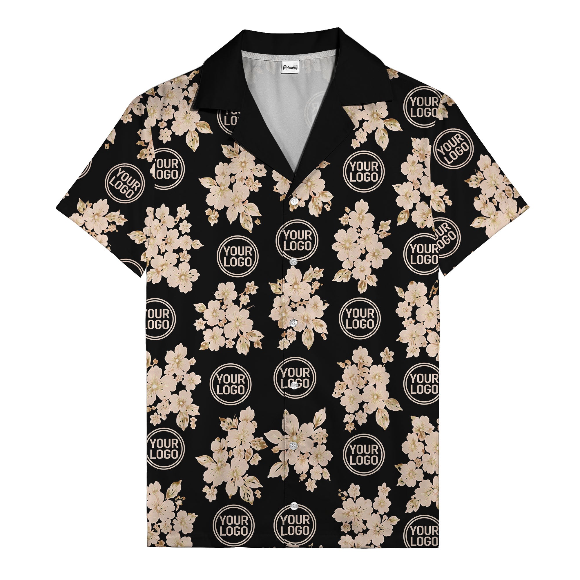 cream floral bouquets & gold circular logos watercolor hawaiian shirt