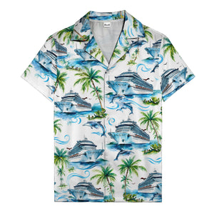 cruise ships dolphins & palm tree watercolor hawaiian shirt