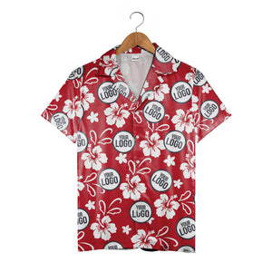 Custom Logo Hibiscus Hawaiian Shirt - Tropical Floral Red White Navy Personalized