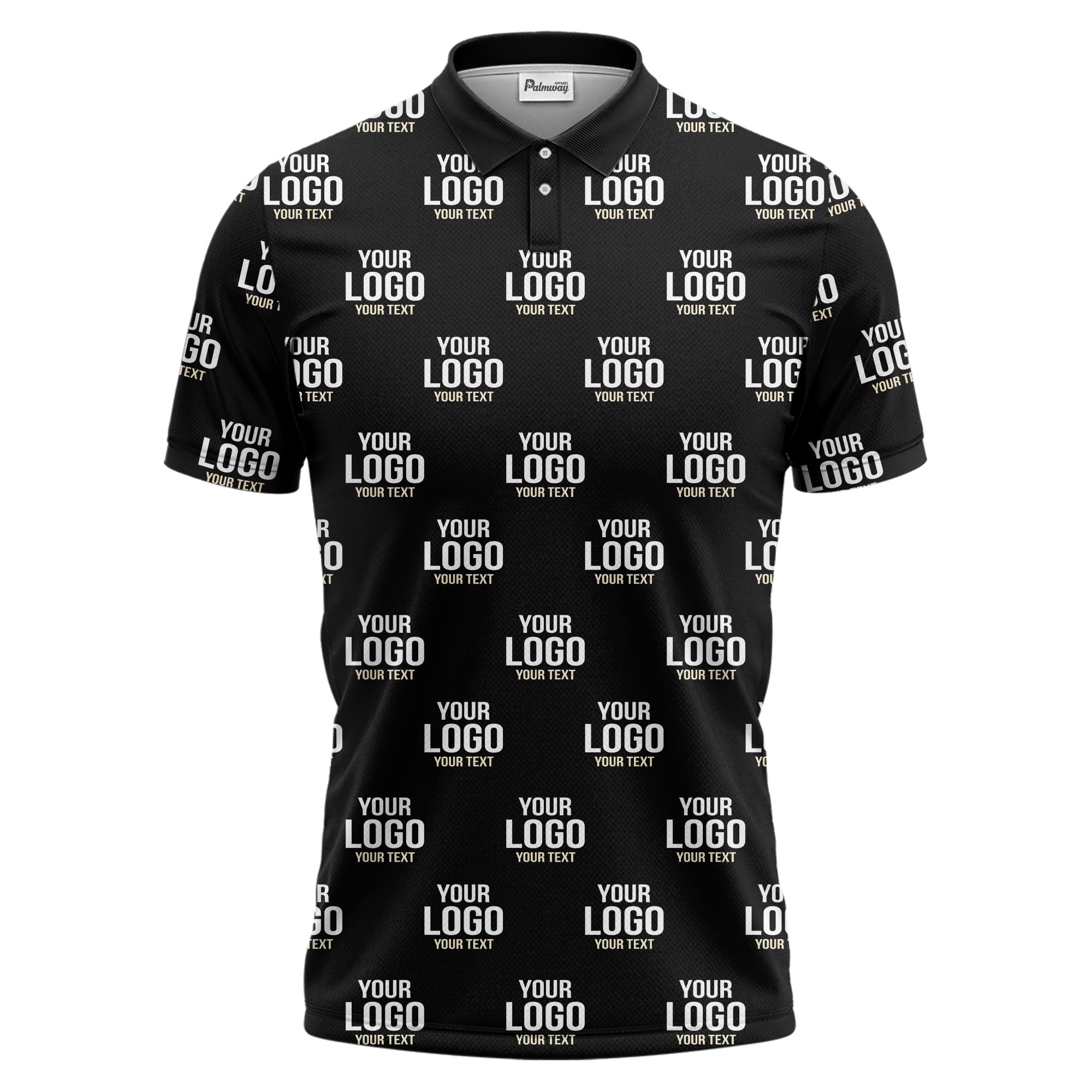 custom logo & text repeat pattern black white gold polo shirt