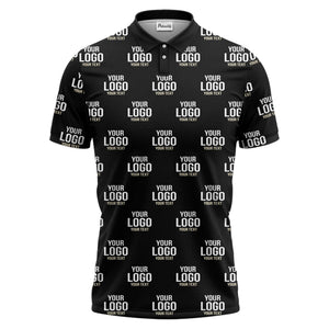 custom logo & text repeat pattern black white gold polo shirt