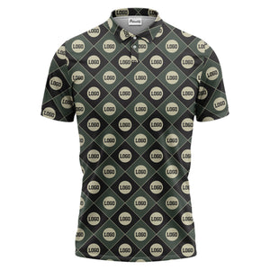 custom multi color geometric logo pattern polo shirt with diamond shapes branding design hawaiian shirt