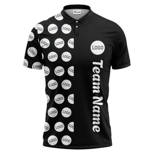 custom team logo polka dot repeat black & white polo shirt for men