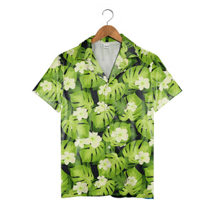 Dark Charcoal Grey Monstera Hawaiian Shirt with White Flowers and Lime Green
