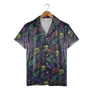 Detailed Botanical Mushroom Hawaiian Shirt with Autumn Leaves on Black