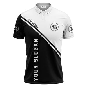 diagonal stripe & custom logo black white polo shirt for men