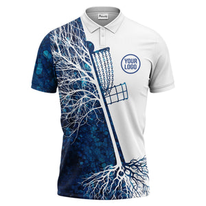 disc golf basket with blue hexagon roots pattern polo shirt for men