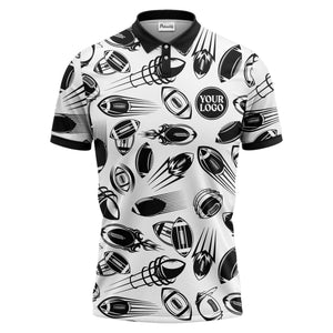 dynamic footballs & speed lines graphic black white sports polo shirt