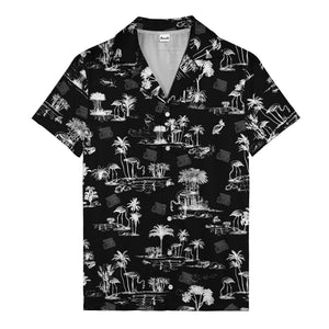 flamingo oasis black palm trees repeat pattern hawaiian shirt for men