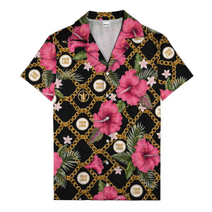 gold chain & pink hibiscus watercolor hawaiian shirt for men