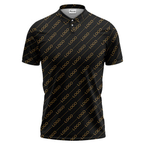 gold custom logo repeat pattern on black luxury minimalist polo shirt