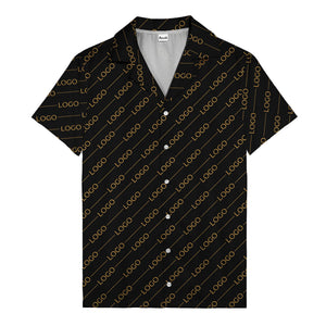 gold diagonal logo repeat pattern on black hawaiian shirt for men