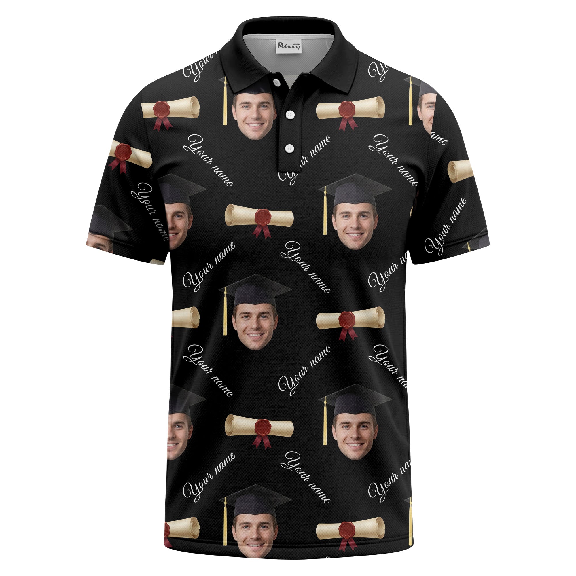 graduation caps & diploma scrolls over personalized faces polo shirt