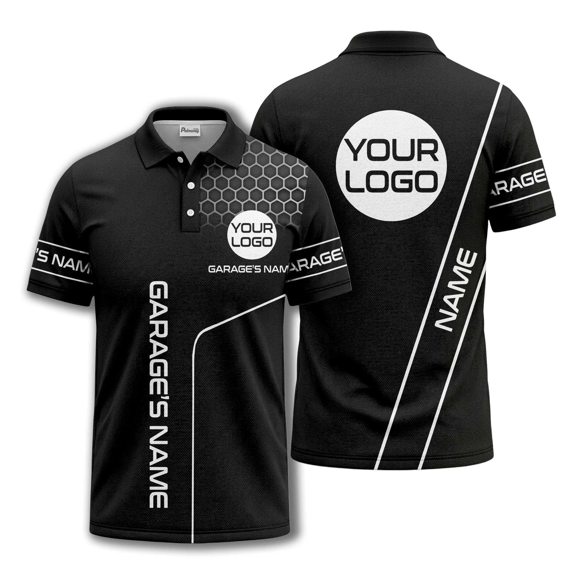 hexagonal grid garage name logo modern automotive polo shirt