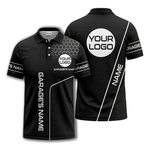 hexagonal grid garage name logo modern automotive polo shirt