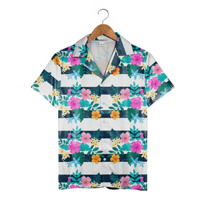 Hibiscus Floral Hawaiian Shirt on Navy White Horizontal Stripes