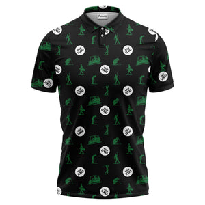 illustrated golfers golf carts repeating on green polo shirt for weekend fairway fun
