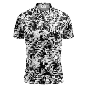 illustrated palm leaf logo repeating tropical polo shirt for men