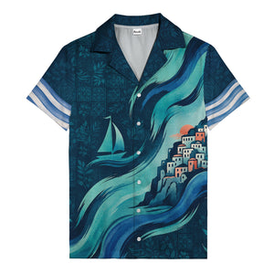 illustrated sailboat sunset & coastal village waves hawaiian shirt