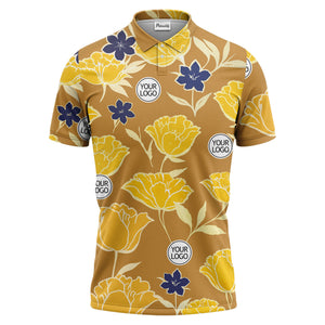 illustrated tropical floral vacation polo shirt splashed with hibiscus leaves