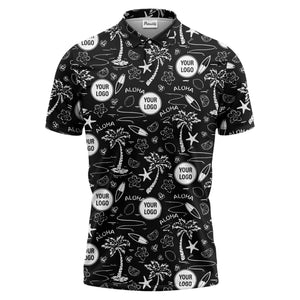 illustrated tropical palm surfboard aloha polo shirt for summer beach vacations