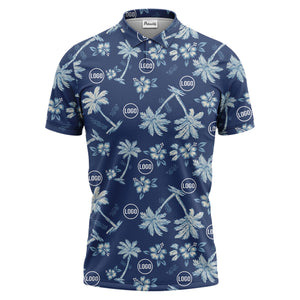 illustrated tropical paradise palm tree and floral polo shirt for men
