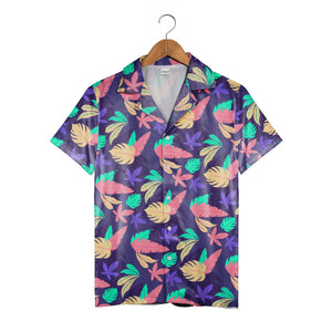Indigo Jungle Hawaiian Shirt with Pastel Leaf Accents
