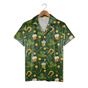 Irish Pub Hawaiian Shirt with Beer Mugs Horseshoes and Four-Leaf Clovers