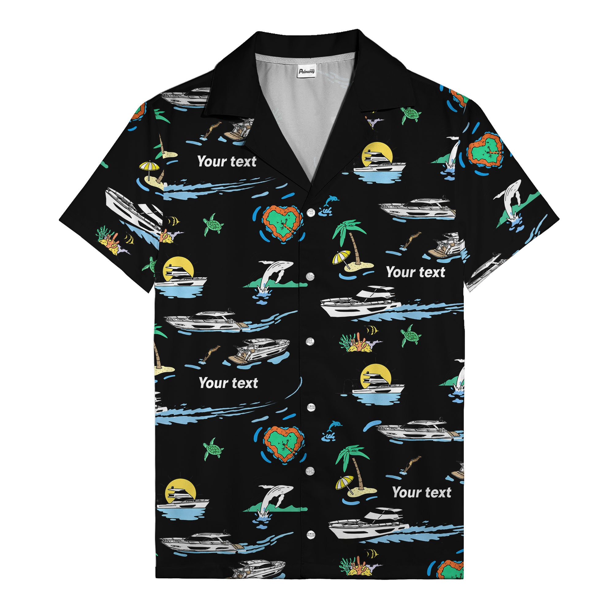 luxury yacht & heart-shaped island cartoon hawaiian shirt